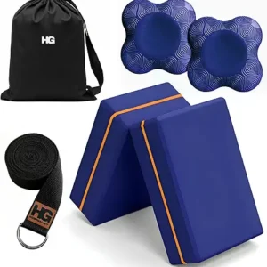 Yoga Blocks Pack of 2 with Belt and 2 Knee Pad for Exercise, Yoga, Pilates & Gym Block Pair to Improve Strength, Balance, Stretching Yoga Bricks Set with Strap for Women and Men, Navy Blue